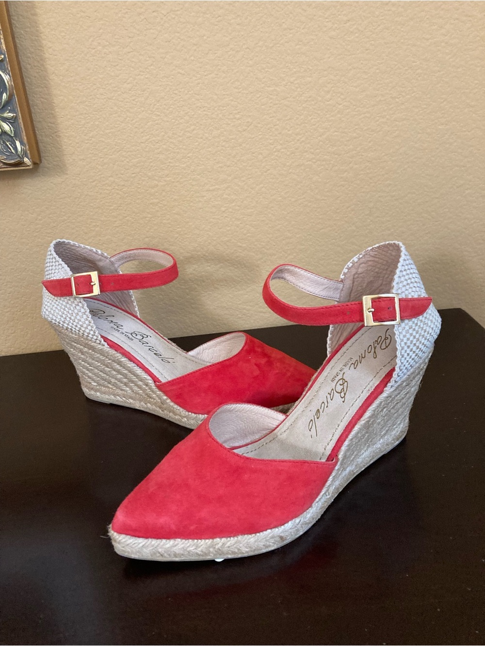 Red Suede Espadrille Wedge Sandals with Ankle Strap